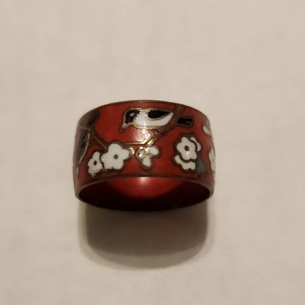 Cloisonne Enamel Ring, Red White Floral Cherry Blossom Bird, Sz 7, Japanese VTG